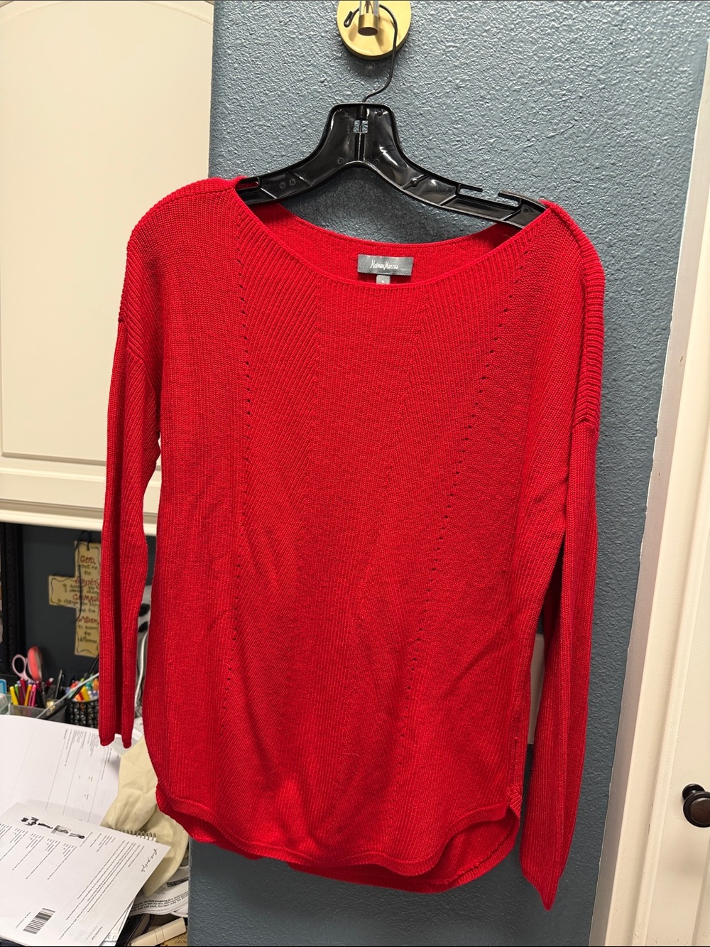 Neiman Marcus Vibrant Red Scoop Neck Lightweight Knit Sweater